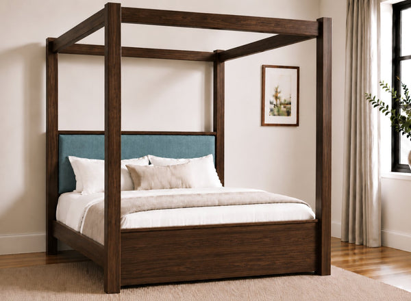 Lakenham Wooden Four Poster Bed in Chocolate with Peacock Chenille Headboard