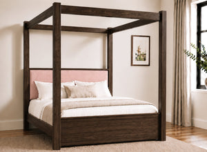 Lakenham Wooden Four Poster Bed in Chocolate with Blush Pink Chenille Headboard