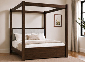 Lakenham Wooden Four Poster Bed in Chocolate with Silver Velvet Headboard