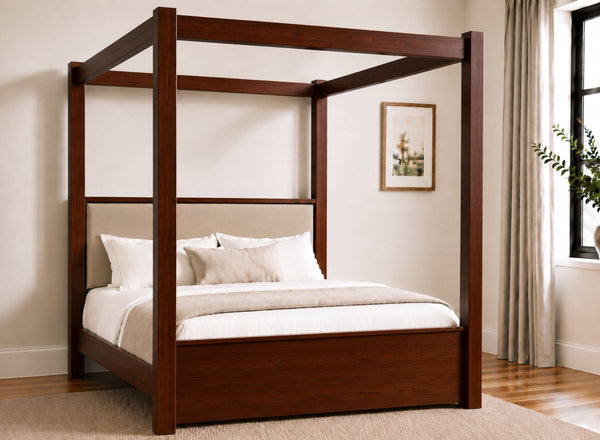 Lakenham Wooden Four Poster Bed in Mahogany with Coffee Velvet Headboard