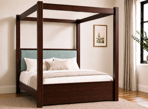 Lakenham Wooden Four Poster Bed in Mahogany with Duck Egg Velvet Headboard