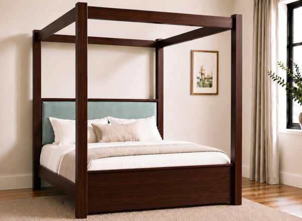 Lakenham Wooden Four Poster Bed in Mahogany with Duck Egg Velvet Headboard