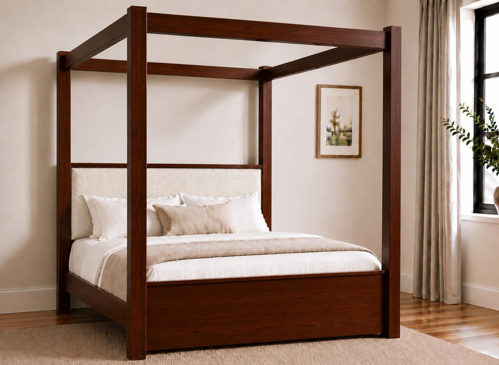 Lakenham Wooden Four Poster Bed in Mahogany with Silver Velvet Headboard