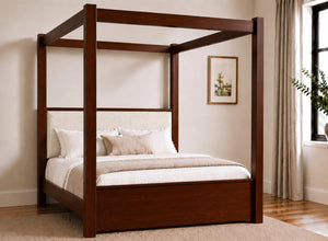 Lakenham Wooden Four Poster Bed in Mahogany with Ivory Boucle Headboard