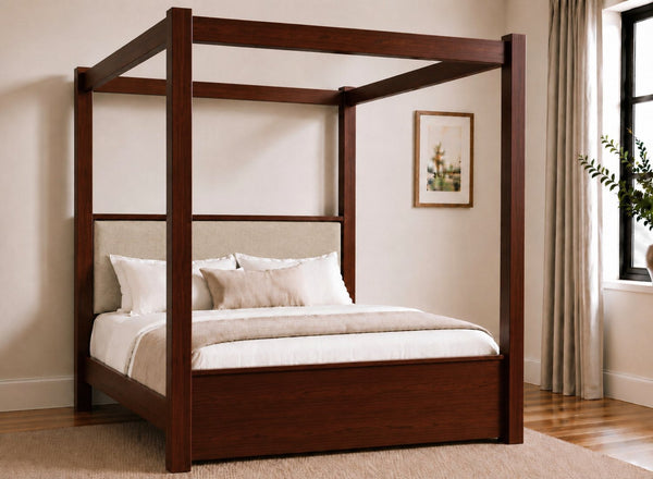 Lakenham Wooden Four Poster Bed in Mahogany with Natural Chenille Headboard