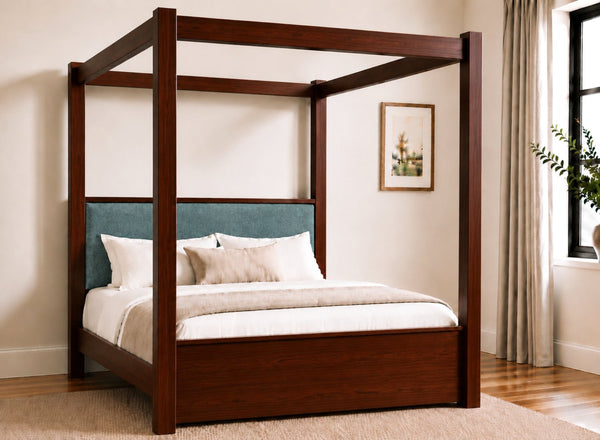 Lakenham Wooden Four Poster Bed in Mahogany with Peacock Chenille Headboard