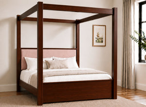 Lakenham Wooden Four Poster Bed in Mahogany with Blush Pink Chenille Headboard