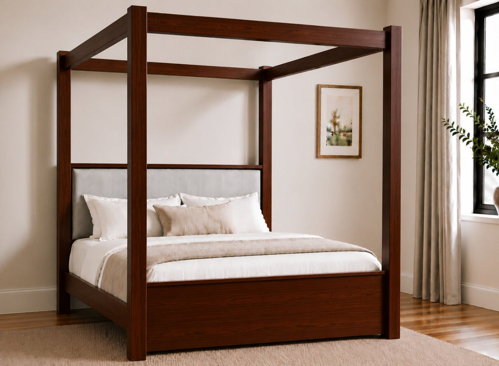 Lakenham Wooden Four Poster Bed in Mahogany with Silver Velvet Headboard