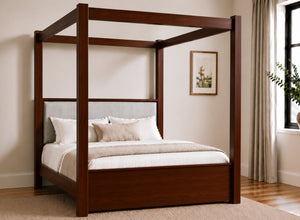 Lakenham Wooden Four Poster Bed in Mahogany with Silver Velvet Headboard