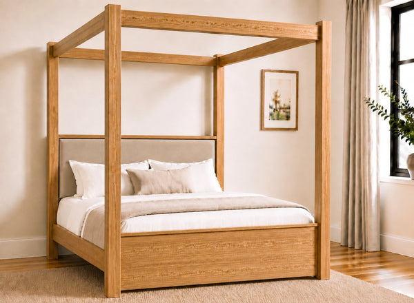 Lakenham Wooden Four Poster Bed in Oak with Coffee Velvet Headboard