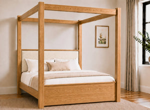 Lakenham Wooden Four Poster Bed in Oak with Ivory Boucle Headboard