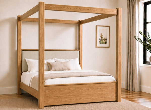 Lakenham Wooden Four Poster Bed in Oak with Natural Chenille Headboard