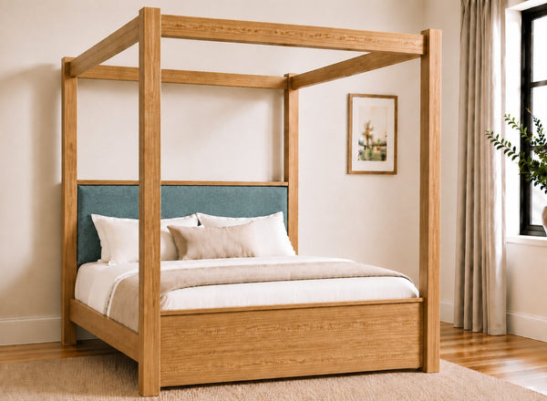 Lakenham Wooden Four Poster Bed in Oak with Peacock Chenille Headboard