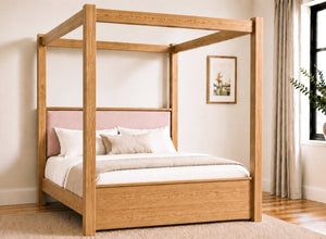 Lakenham Wooden Four Poster Bed in Oak with Blush Pink Chenille Headboard