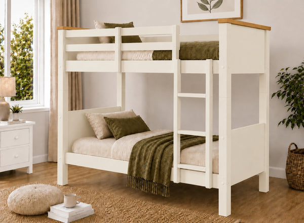 Lenwade Painted Wooden Bunk in Cream with Oak Tops