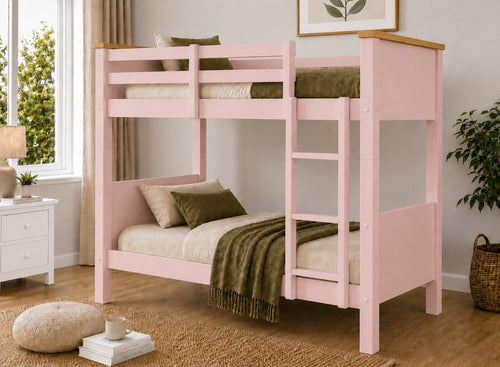 Lenwade Painted Wooden Bunk in Pink with Oak Tops