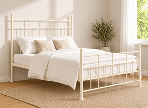 Small Double Levington metal bed frame in cream matt with classic spindle headboard and footboard.