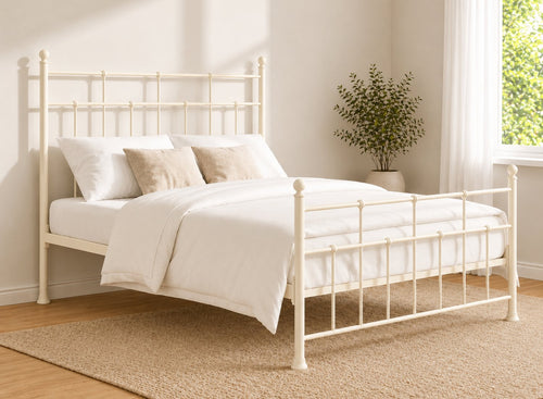 Small Double Levington metal bed frame in cream matt with classic spindle headboard and footboard.