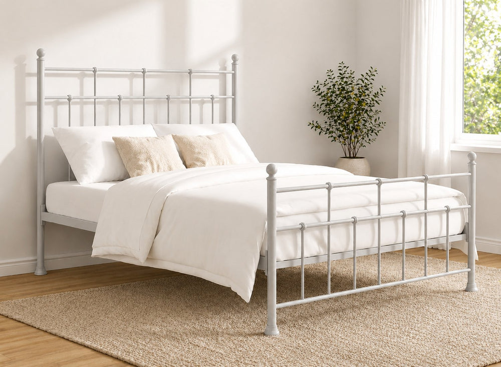 Small double Levington metal bed frame in dust grey with a classic spindle design.