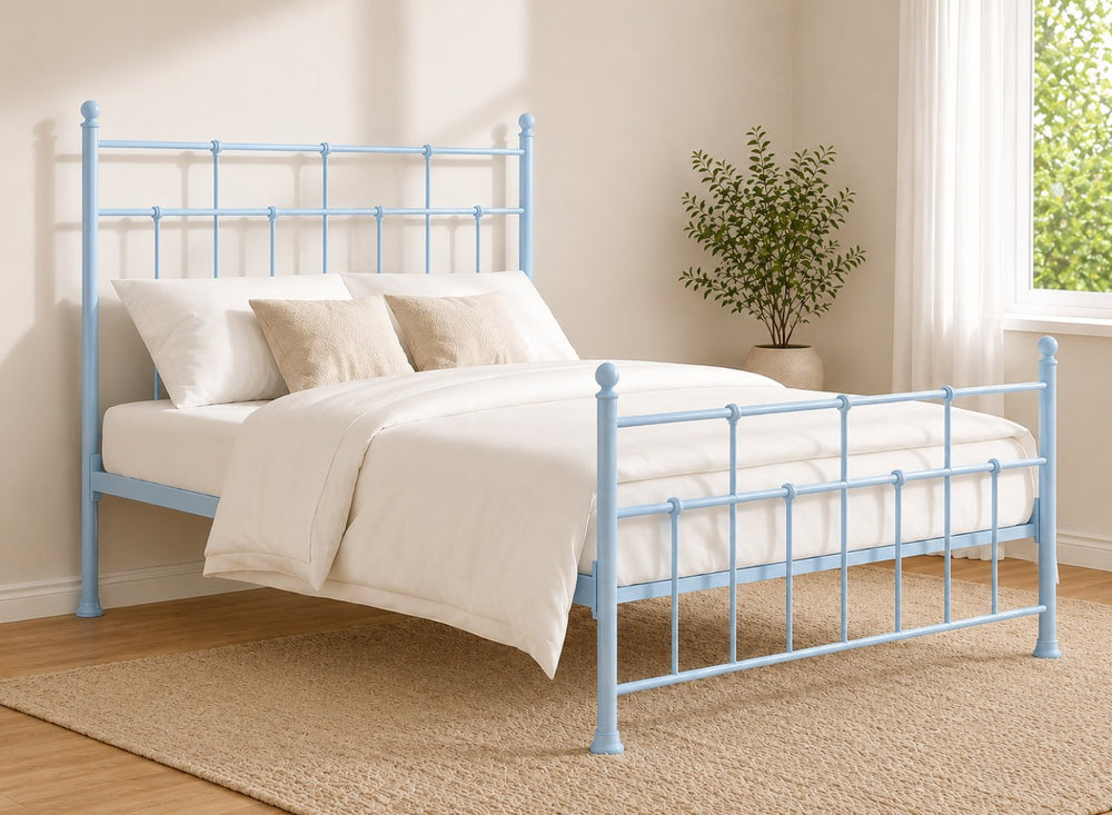 Levington Small Double Metal Bed Frame in Pastel Blue with elegant headboard and footboard.