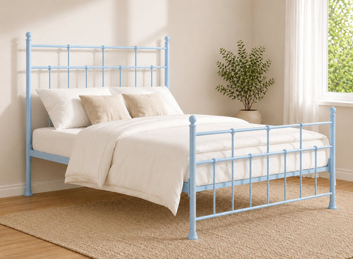 Levington Small Double Metal Bed Frame in Pastel Blue with elegant headboard and footboard.