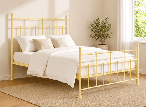 Levington Small Double Metal Bed Frame in Pastel Yellow with traditional spindle design.