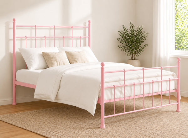 Small Double Levington metal bed frame in light pink with a classic spindle design.