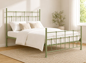 Levington Small Double metal bed frame in sage green with a classic spindle design.