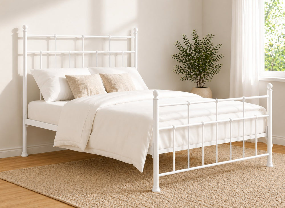 Levington Small Double Pure White metal bed frame with classic spindle design.