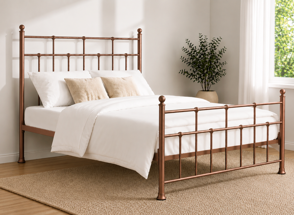 Small Double Levington metal bed frame in copper with classic spindle headboard and footboard.
