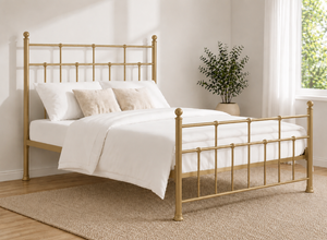 Small Double Levington metal bed frame in gold with classic spindle headboard and footboard.