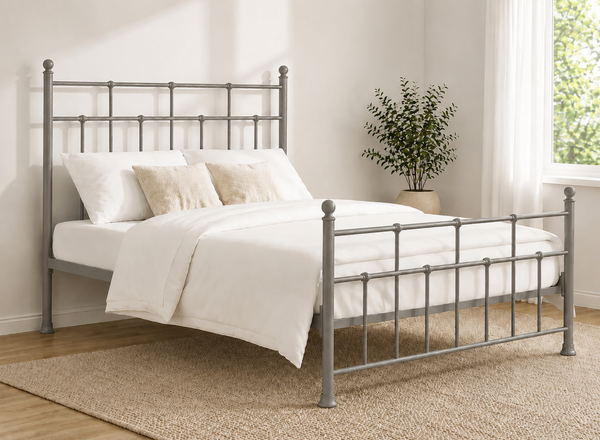 Small Double Levington metal bed frame in silver with classic spindle headboard and footboard.
