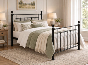Libham Double Black metal bed frame with ornate headboard and footboard.