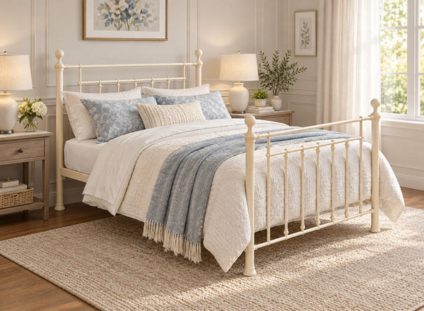 Libham Double Cream metal bed frame with ornate headboard and footboard.