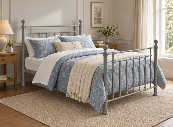 Libham Double Grey metal bed frame with ornate headboard and footboard.