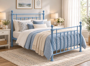 Libham Double Blue metal bed frame with ornate headboard and footboard.