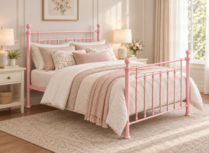 Libham Double Pink metal bed frame with ornate headboard and footboard.