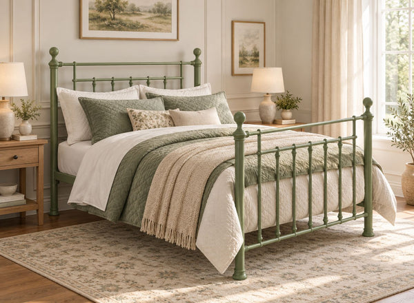 Libham Double Sage Green metal bed frame with ornate headboard and footboard.