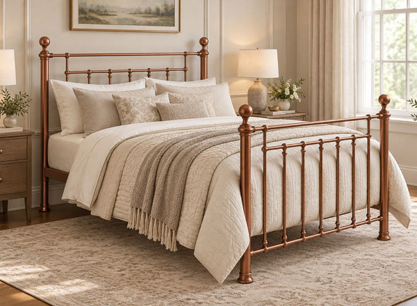 Libham Double Copper metal bed frame with ornate headboard and footboard.
