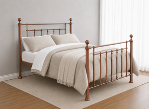 Libham Double Copper metal bed frame with ornate headboard and footboard.