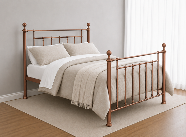 Libham Double Copper metal bed frame with ornate headboard and footboard.
