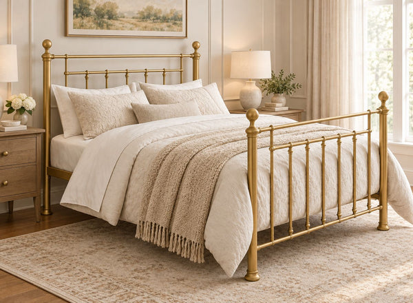 Libham Double Gold metal bed frame with ornate headboard and footboard.