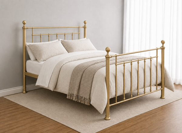 Libham Double Gold metal bed frame with ornate headboard and footboard.