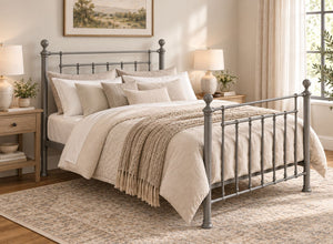 Libham Double Silver metal bed frame with ornate headboard and footboard.