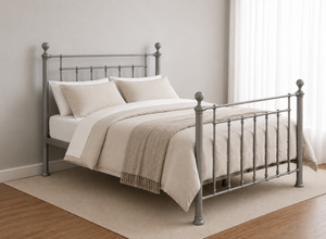 Libham Double Silver metal bed frame with ornate headboard and footboard.