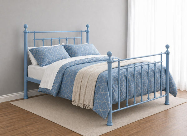 Libham Double Pastel Blue metal bed frame with classic spindle design.