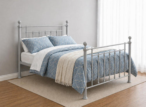 Double Libham metal bed frame in dust grey with ornate headboard and footboard.