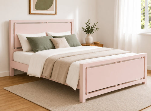 Marham Painted Wooden Bed in Nancy's Blushes Pink, with a slatted headboard.