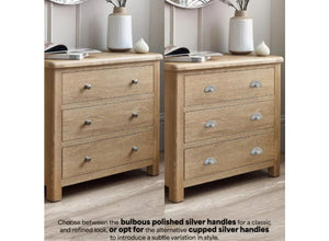 Memphis 3 Drawer Chest shown with handle options