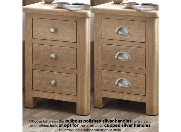 Memphis 3 Drawer Bedside Table with different handles